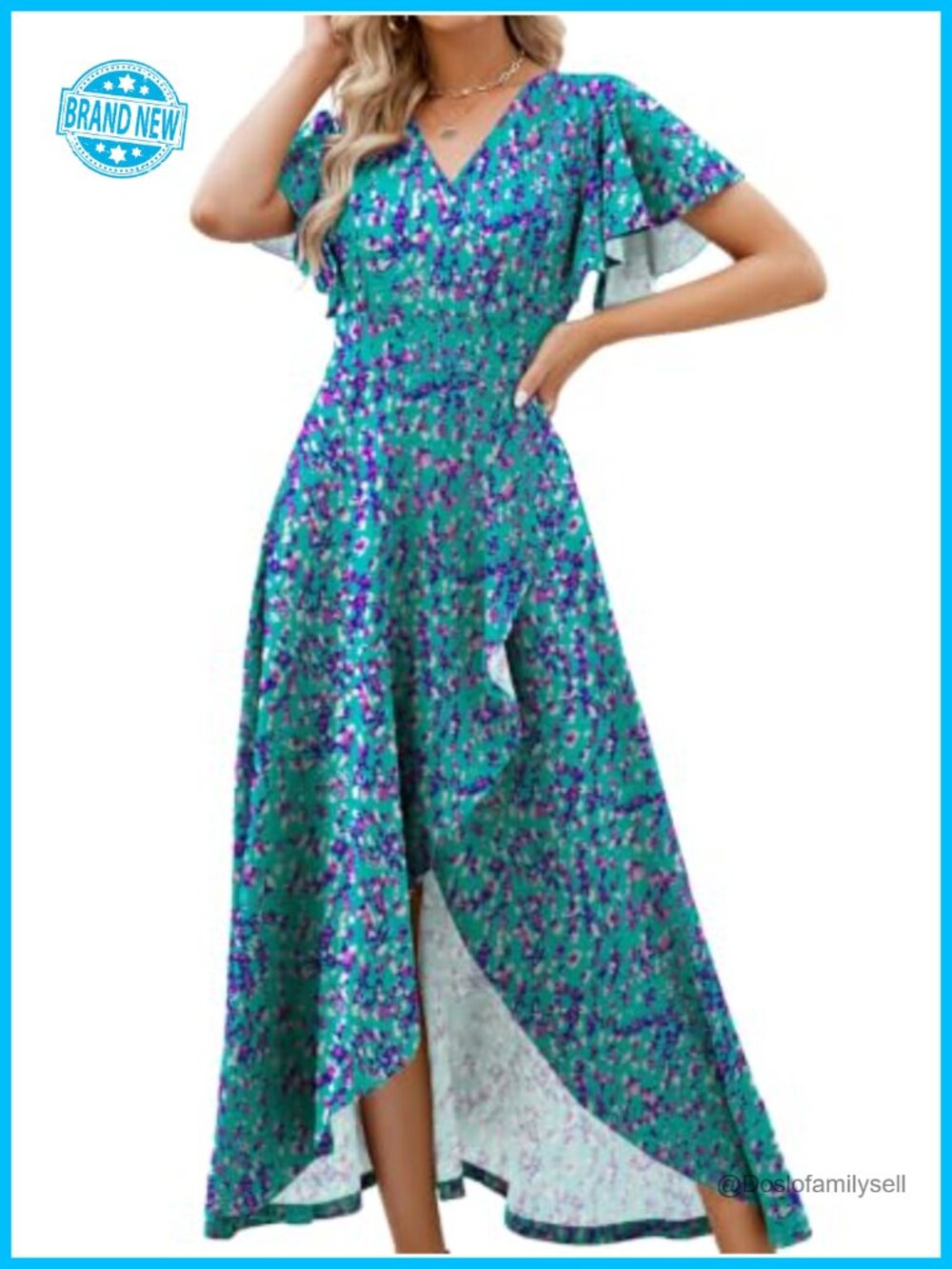 Formal Gown V-Neck Ruffled Sleeve Wedding Guest Evening Dress